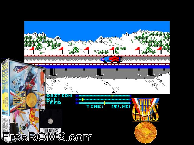 Games, The - Winter Edition (UK) (1988) [h1] Amstrad CPC game showing 3D box cover and gameplay screenshot